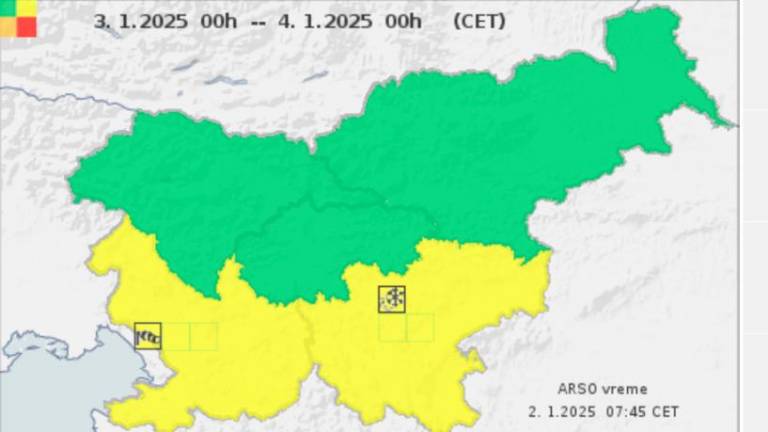 Arso za jugozahod in jugovzhod Slovenije objavil rumeno opozorilo